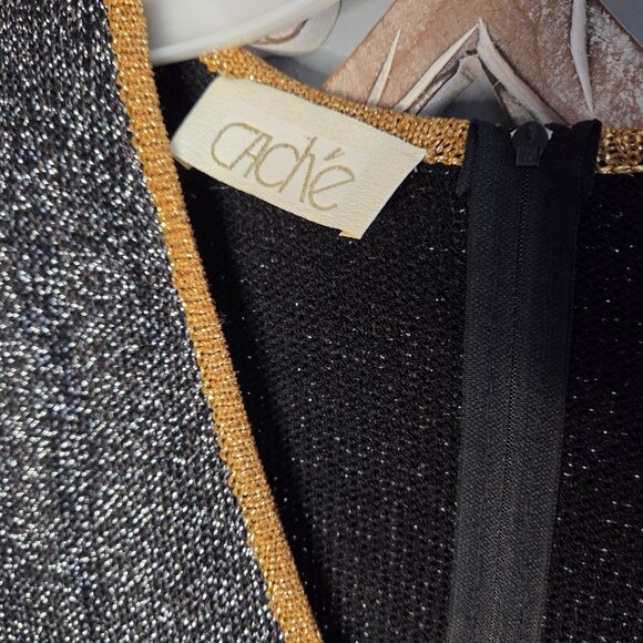 Vintage 1980s Cachè Black & Gold Metallic Sheath Bodycon Y2K Dress Size M - Picture 3 of 5